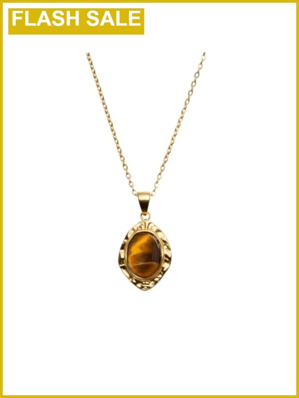 14k Gold Plated Tiger's Eye Pendant Necklace - Vintage Stainless Steel